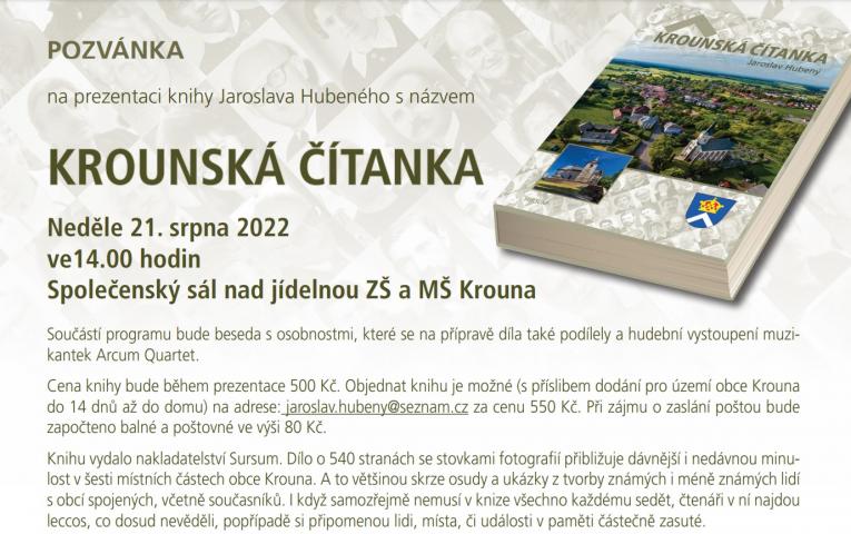 Pozvánka na prezentaci knihy Jaroslava Hubeného s názvem KROUNSKÁ ČÍTANKA